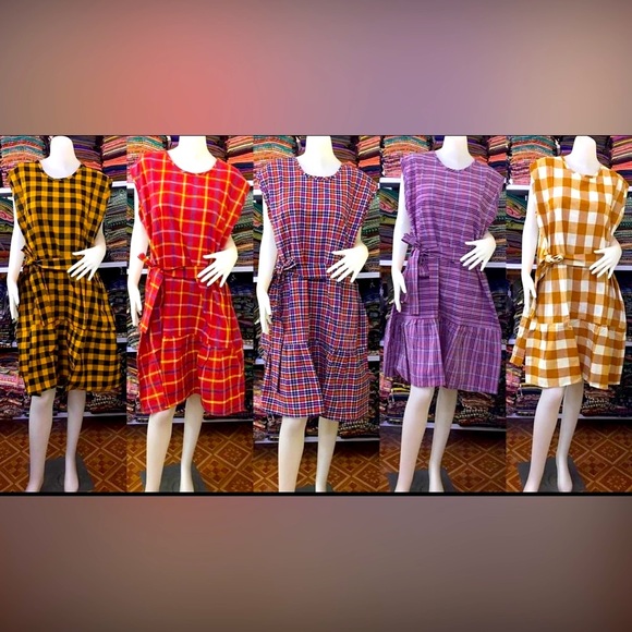 Polished neutral plaid A-line statement dress with a removable self-tie belt. - Picture 4 of 11